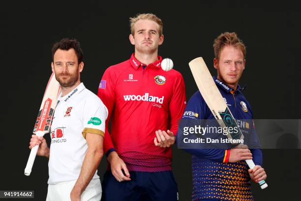 James Foster, Paul Walter and Tom Westley of Essex County Cricket Club pose in the Championship, One-Day and Twenty20 kits during the Essex CCC...