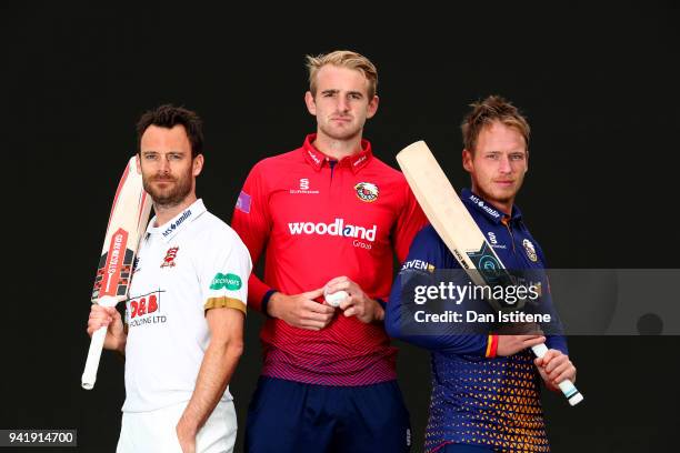 James Foster, Paul Walter and Tom Westley of Essex County Cricket Club pose in the Championship, One-Day and Twenty20 kits during the Essex CCC...