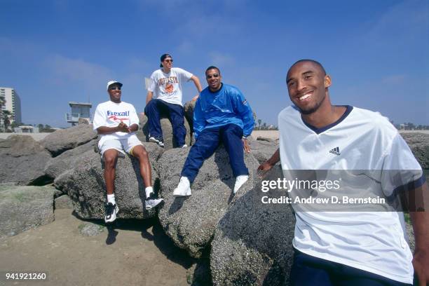 Byron Scott, Derek Fisher and Kobe Bryant behind the scenes of the Los Angeles Lakers story on April 16,1997 in Los Angeles, California. NOTE TO...