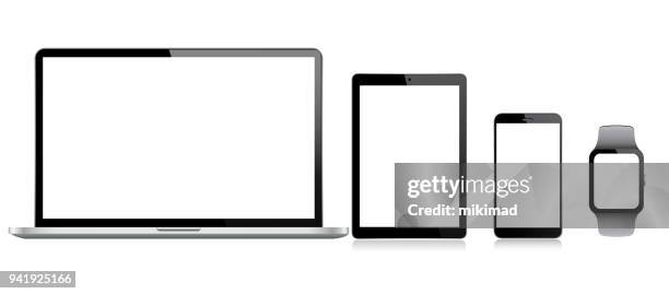 tablet, mobile phone, laptop and smart watch - computer monitor white background stock illustrations