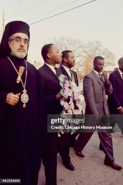 View of, from left, Civil Rights and religious leaders Archbishop Iakovos , Dr Martin Luther King Jr , Reverend Ralph Abernathy , and Reverend Fred...