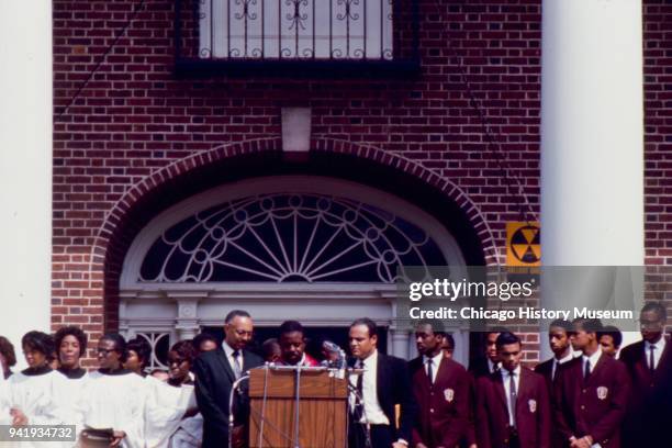 Civil Rights activist Reverend Ralph Abernathy speaks during Dr Martin Luther King Jr's public memorial service at Morehouse College, Atlanta,...