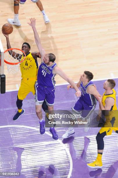 Victor Oladipo of the Indiana Pacers shoots against Kosta Koufos of the Sacramento Kings on March 29, 2018 at Golden 1 Center in Sacramento,...