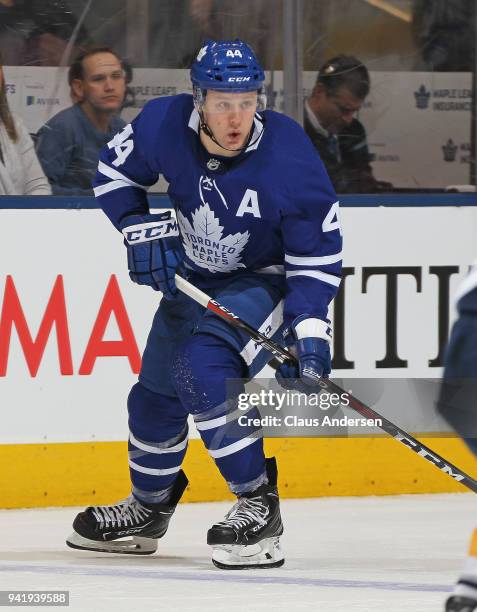 Morgan Rielly of the Toronto Maple Leafs skates against the Buffalo Sabres during an NHL game at the Air Canada Centre on April 2, 2018 in Toronto,...