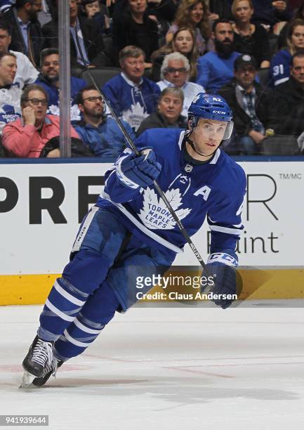 Tyler Bozak of the Toronto Maple Leafs skates against the Buffalo Sabres during an NHL game at the Air Canada Centre on April 2, 2018 in Toronto,...