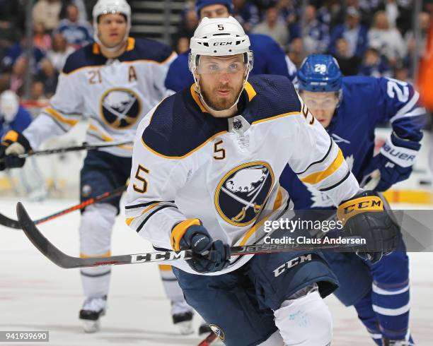 Matt Tennyson of the Buffalo Sabres skates against the Toronto Maple Leafs during an NHL game at the Air Canada Centre on April 2, 2018 in Toronto,...