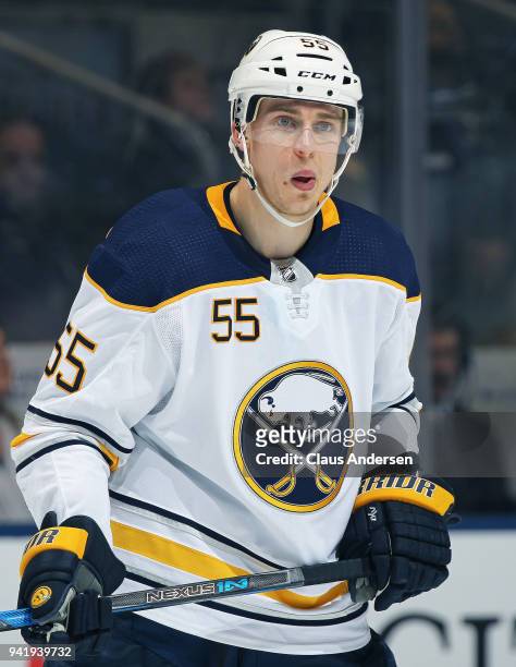 Rasmus Ristolainen of the Buffalo Sabres skates against the Toronto Maple Leafs during an NHL game at the Air Canada Centre on April 2, 2018 in...