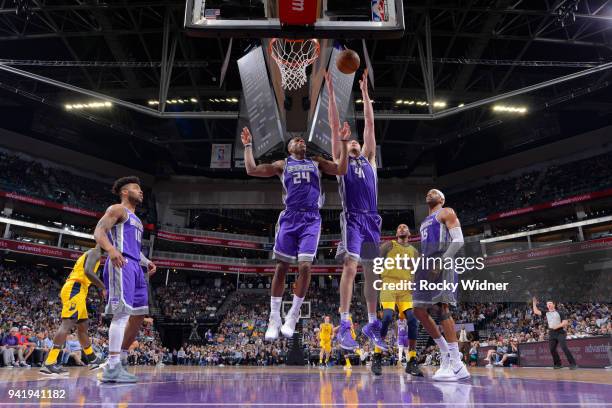 Kosta Koufos of the Sacramento Kings rebounds against the Indiana Pacers on March 29, 2018 at Golden 1 Center in Sacramento, California. NOTE TO...