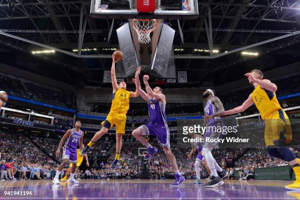 Bojan Bogdanovic of the Indiana Pacers shoots against Kosta Koufos of the Sacramento Kings on March 29, 2018 at Golden 1 Center in Sacramento,...