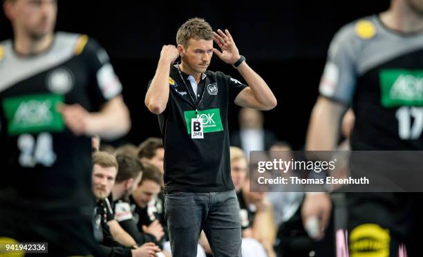 Coach Christian Prokop of Germany reacts during the handball international friendly match between Germany and Serbia at Arena Leipzig on April 4,...