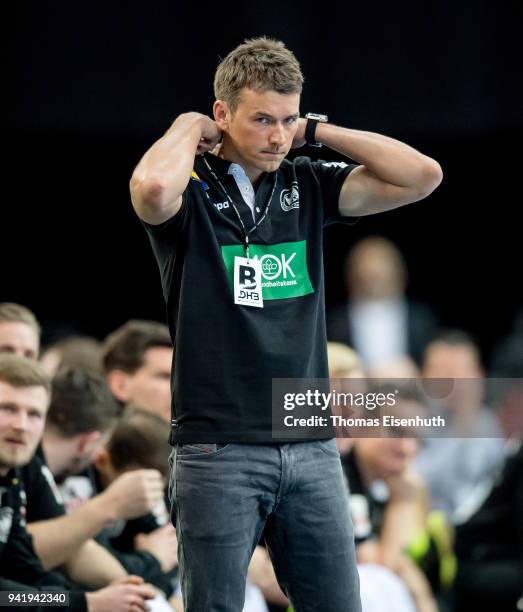 Coach Christian Prokop of Germany reacts during the handball international friendly match between Germany and Serbia at Arena Leipzig on April 4,...