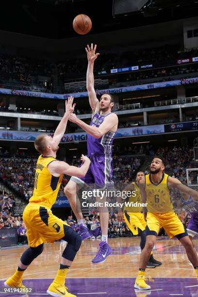 Kosta Koufos of the Sacramento Kings shoots against the Indiana Pacers on March 29, 2018 at Golden 1 Center in Sacramento, California. NOTE TO USER:...