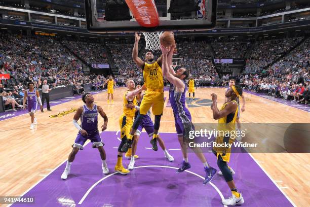 Glenn Robinson III of the Indiana Pacers rebounds against Kosta Koufos of the Sacramento Kings on March 29, 2018 at Golden 1 Center in Sacramento,...