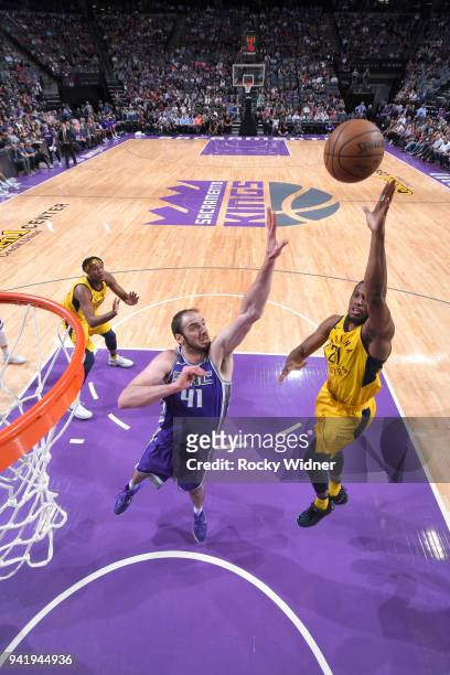 Thaddeus Young of the Indiana Pacers shoots against Kosta Koufos of the Sacramento Kings on March 29, 2018 at Golden 1 Center in Sacramento,...
