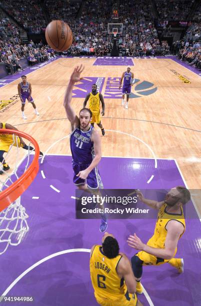 Kosta Koufos of the Sacramento Kings shoots against the Indiana Pacers on March 29, 2018 at Golden 1 Center in Sacramento, California. NOTE TO USER:...