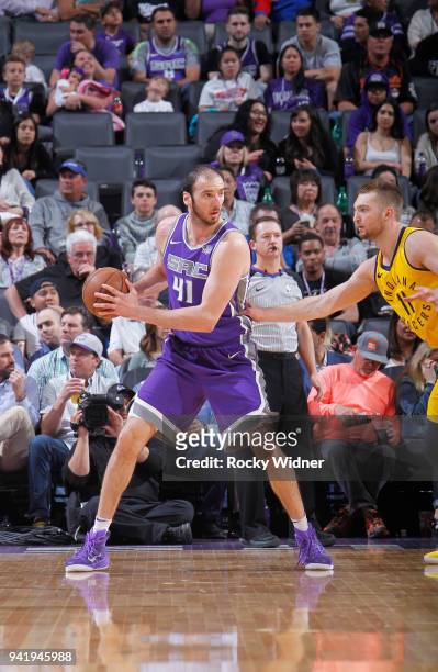 Kosta Koufos of the Sacramento Kings handles the ball against the Indiana Pacers on March 29, 2018 at Golden 1 Center in Sacramento, California. NOTE...