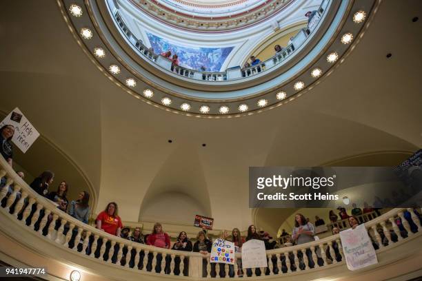 Thousands rallied at the Oklahoma state Capitol building during the third day of a statewide education walkout on April 4, 2018 in Oklahoma City,...
