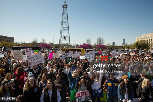 Thousands rallied at the Oklahoma state Capitol building during the third day of a statewide education walkout on April 4, 2018 in Oklahoma City,...