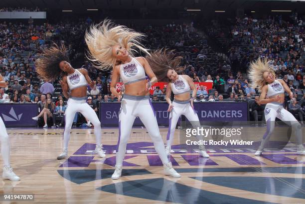 The Sacramento Kings dance team performs during the game against the Indiana Pacers on March 29, 2018 at Golden 1 Center in Sacramento, California....