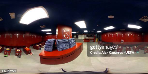 View of the FC Barcelona dressing room ahead of the UEFA Champions League Quarter Final Leg One match between FC Barcelona and AS Roma at Camp Nou on...