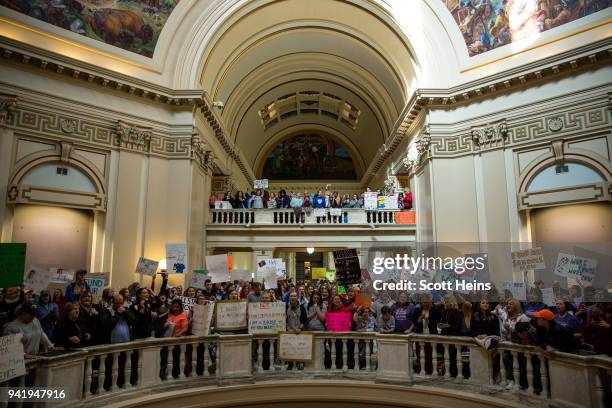 Thousands rallied at the Oklahoma state Capitol building during the third day of a statewide education walkout on April 4, 2018 in Oklahoma City,...