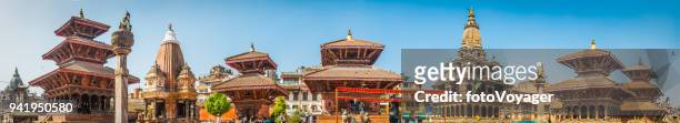 kathmandu ancient temples and shrines patan durbar square panorama nepal - katmandu stock pictures, royalty-free photos & images