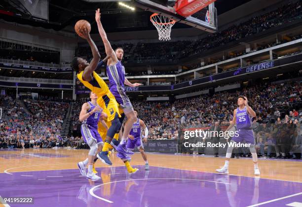 Victor Oladipo of the Indiana Pacers shoots against Kosta Koufos of the Sacramento Kings on March 29, 2018 at Golden 1 Center in Sacramento,...