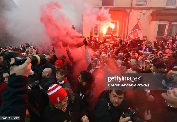 Fans of Liverpool before the UEFA Champions League Quarter Final Leg One match between Liverpool and Manchester City at Anfield on April 4, 2018 in...