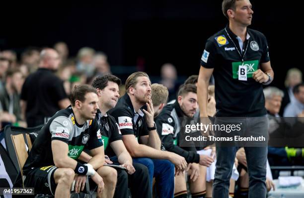 Team manager Oliver Roggisch of Germany reacts during the handball international friendly match between Germany and Serbia at Arena Leipzig on April...