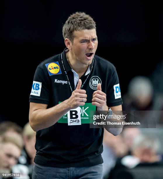 Coach Christian Prokop of Germany reacts during the handball international friendly match between Germany and Serbia at Arena Leipzig on April 4,...