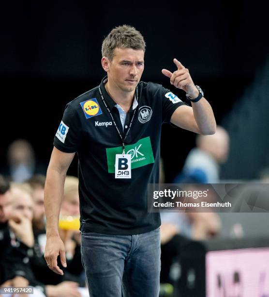 Coach Christian Prokop of Germany reacts during the handball international friendly match between Germany and Serbia at Arena Leipzig on April 4,...