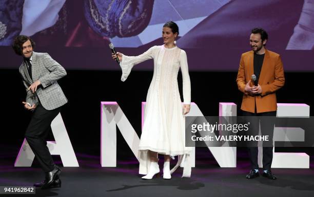 British actors Alexander Vlahos, Elisa Lasowski and George Blagden speak on stage during the presentation of the series "Versailles" at the opening...