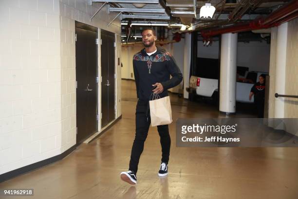 Noah Vonleh of the Chicago Bulls arrives to the arena prior to the game against the Charlotte Hornets on April 3, 2018 at the United Center in...