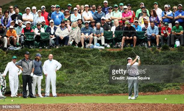 Ian Woosnam of Wales plays his shot from the ninth tee during the Par 3 Contest prior to the start of the 2018 Masters Tournament at Augusta National...