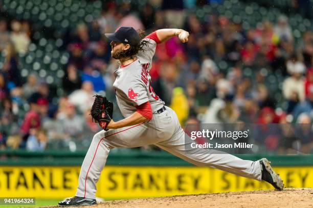 Relief pitcher Heath Hembree of the Boston Red Sox pitches during the fourth inning against the Cleveland Indians at Progressive Field on August 24,...