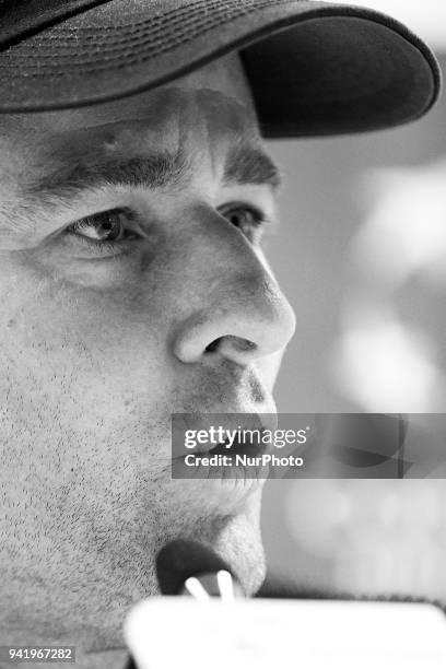 The image has been converted to black and white) Michael Kohlmann Captain of Germany attends a press conference ahead of the Davis Cup World Group...