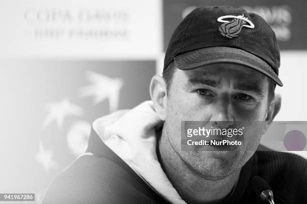 The image has been converted to black and white) Michael Kohlmann Captain of Germany attends a press conference ahead of the Davis Cup World Group...