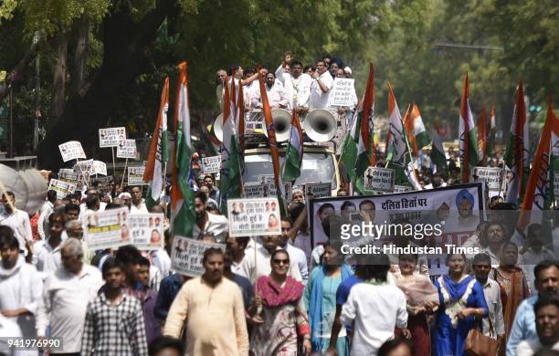 President Ajay Maken lead the protest march from Jaisingh Road to Parliament Street against the SC/ST rights' violation on April 4, 2018 in New...