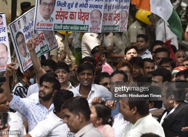 President Ajay Maken lead the protest march from Jaisingh Road to Parliament Street against the SC/ST rights' violation on April 4, 2018 in New...