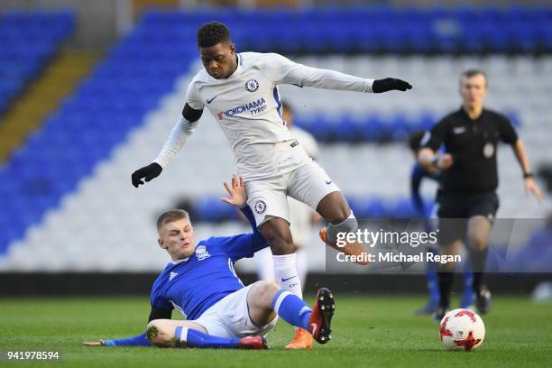 Ryan Stirk of Birmingham tackles Daishawn Redan of Chelsea during the FA Youth Cup Semi-Final: First Leg between Birmingham City v Chelsea at St...