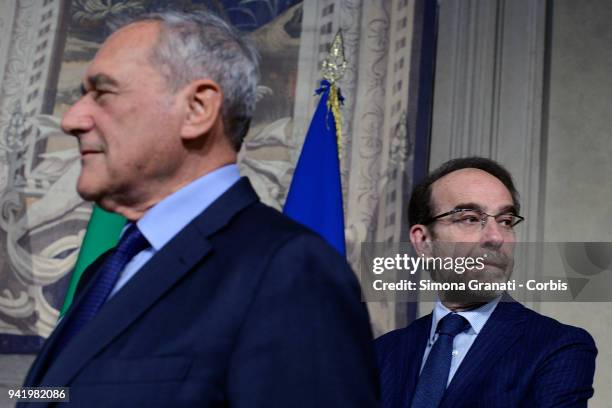 Pietro Grasso and Riccardo Nencini at the end of the Consultations of the President of the Republic for the formation of the new Governmenton April...