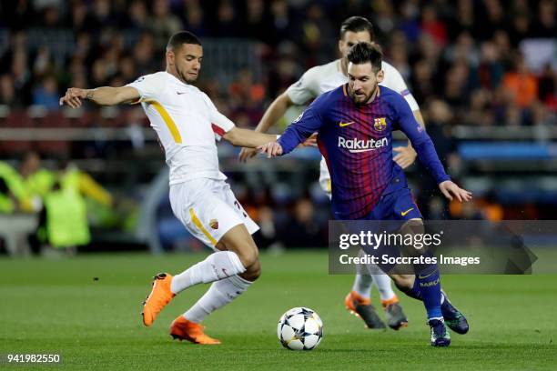 Bruno Peres of AS Roma, Lionel Messi of FC Barcelona during the UEFA Champions League match between FC Barcelona v AS Roma at the Camp Nou on April...
