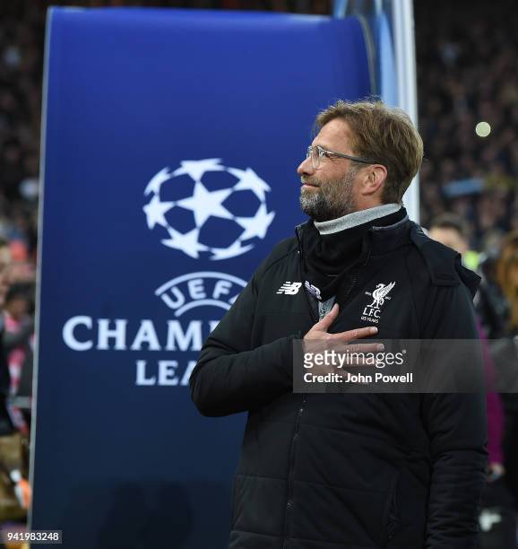 Jurgen Klopp Manager of Liverpool during the UEFA Champions League Quarter Final Leg One match between Liverpool and Manchester City at Anfield on...