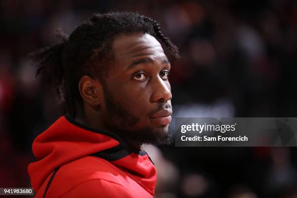 Caleb Swanigan of the Portland Trail Blazers looks on during the game against the Memphis Grizzlies on April 1, 2018 at the Moda Center Arena in...