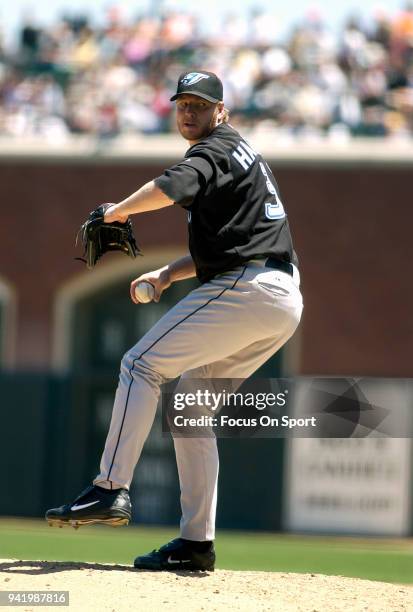 Roy Halladay of the Toronto Blue Jays pitches against the San Francisco Giants during an Major League Baseball game June 17, 2004 at AT&T Park in San...