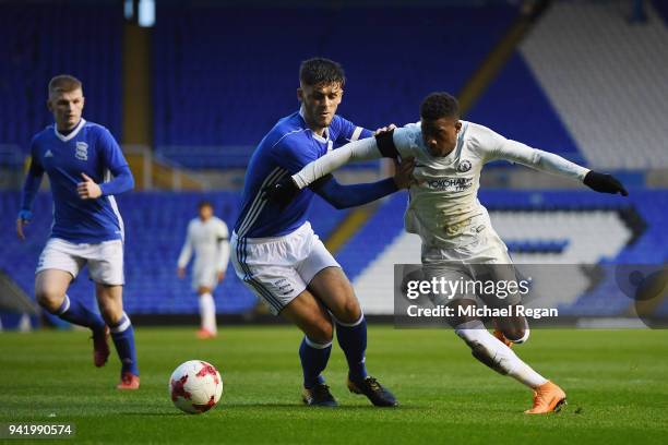 Daishawn Redan of Chelsea battles Geraldo Bajrami of Birmingham during the FA Youth Cup Semi-Final: First Leg between Birmingham City v Chelsea at St...