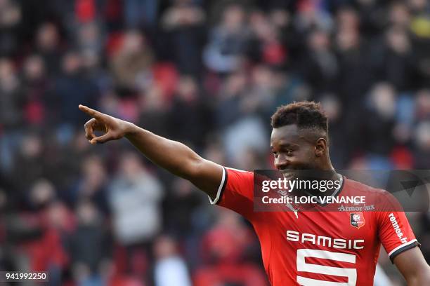 Rennes' French defender Joris Gnagnon celebrates after scoring a goal during the French L1 football match Rennes vs Monaco at the Roazhon Park...