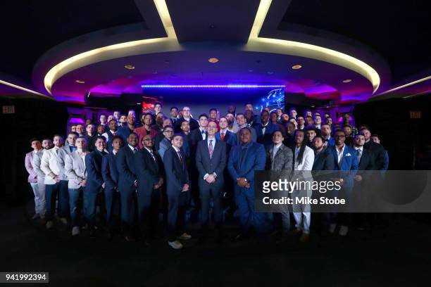 Commissioner Adam Silver poses for a photo with the 2018 NBA 2K League Draft class at Madison Square Garden on April 4, 2018 in New York City.