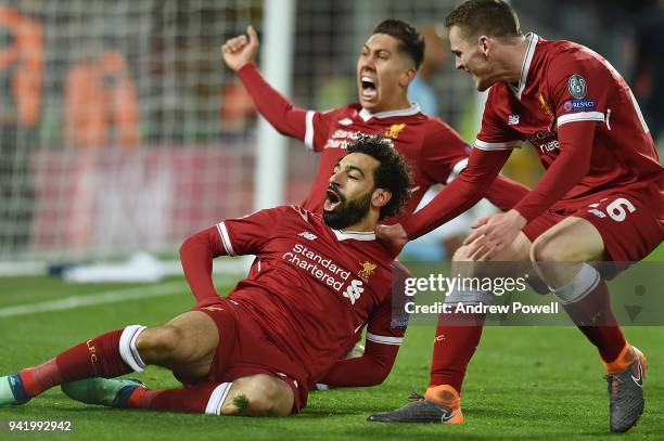 Mohamed Salah of Liverpool Celebrates the first goal during the UEFA Champions League Quarter Final Leg One match between Liverpool and Manchester...