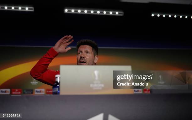 Diego Simeone, Head coach of Atletico Madrid is seen during a pre-match press conference ahead of the UEFA Europa League quarter final match between...